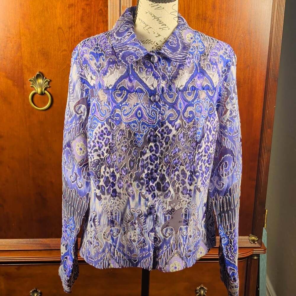 Erin London Blue Purple Gray Paisley Collared Long Sleeve Button-Down Blouse M
